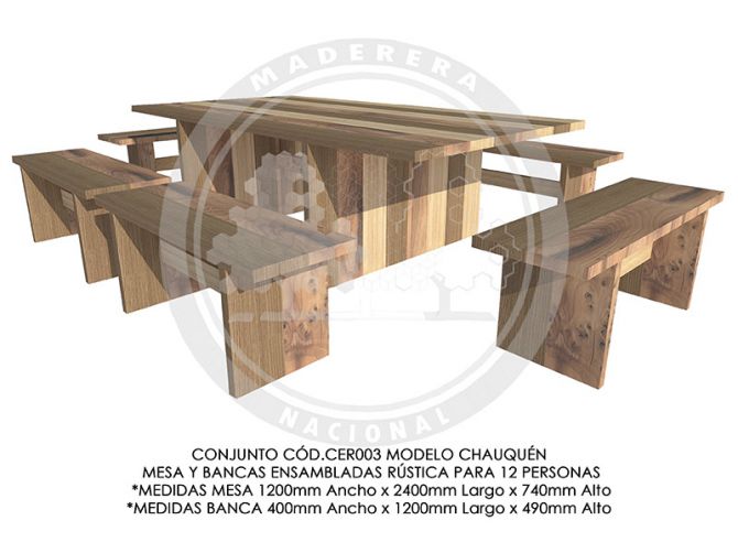 Conjunto Mesa y Bancas Ensambladas Rústica Chauquén CER003